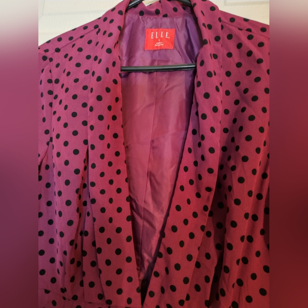 Elle Women's Dark Pink & Black Polka Dot Open Blazer Jacket - Picture 2 of 13